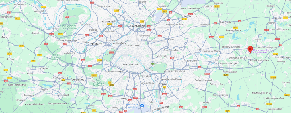 Map showing location of Disneyland Paris in relation to the centre of Paris