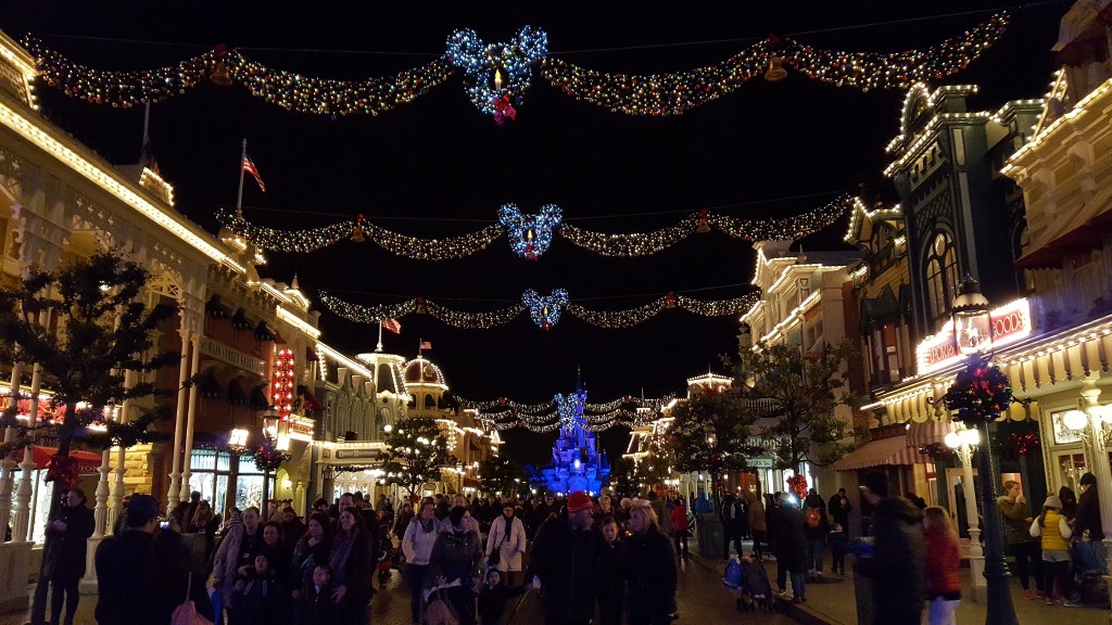 Main Street USA at Disneyland Paris decorated with Christmas decorations