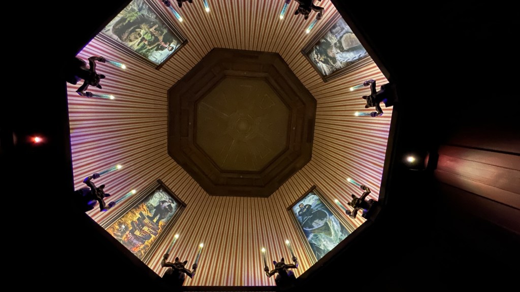 View looking up of the four 'stretch' paintings inside Phantom Manor at Disneyland Paris