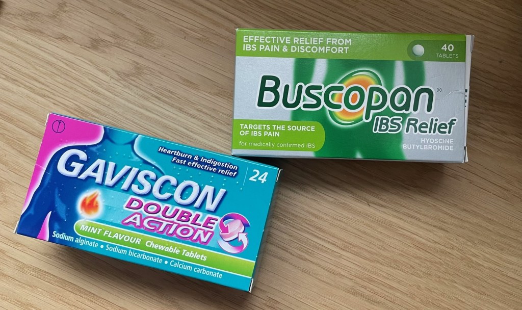 Packet of Buscopan and a packet of Gaviscon