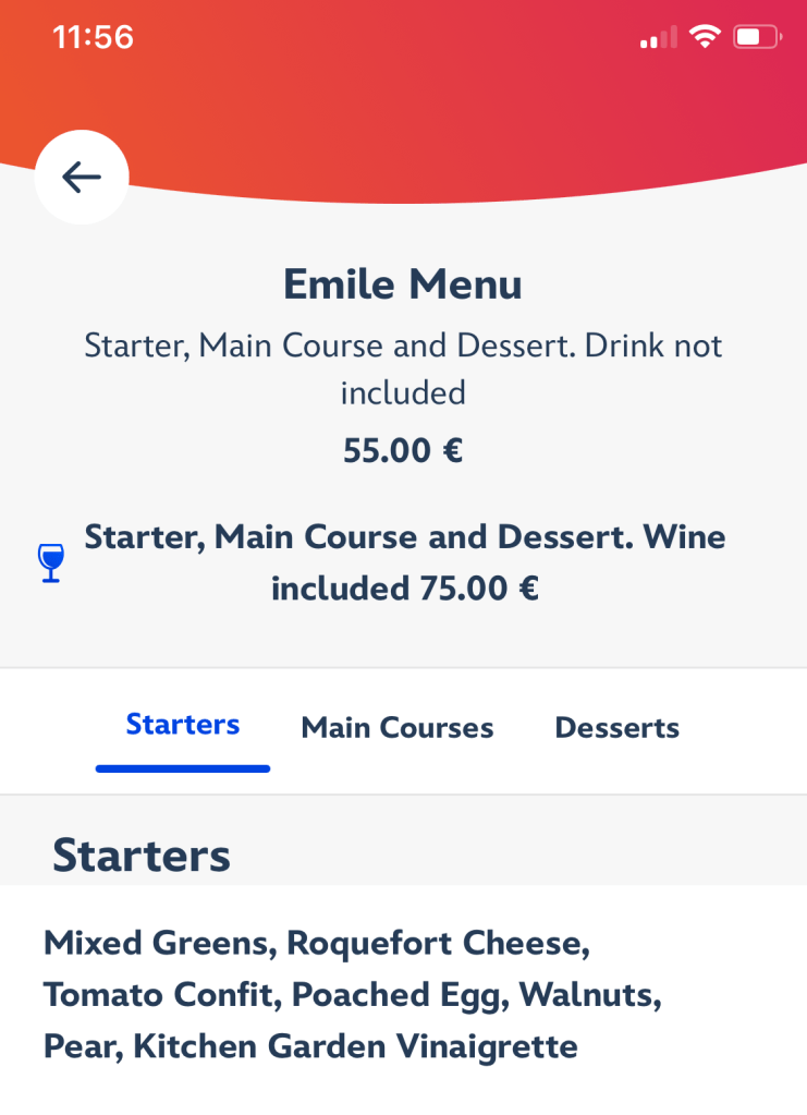 Beginning of Emile menu at Bistro Chez Remy in Disneyland Paris as shown on the Disneyland Paris app