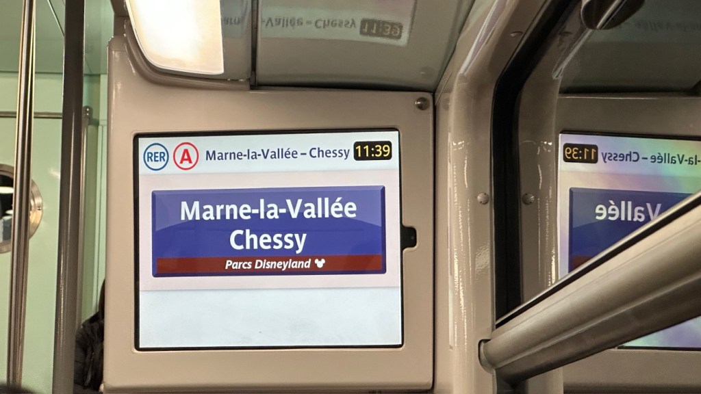 Sign on RER train for Marne-la-Vallee Chessy station for Disneyland Paris