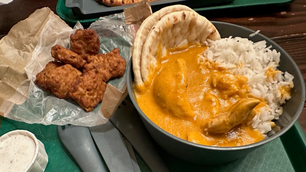 Curry, rice and naan at a restaurant in Disneyland Paris