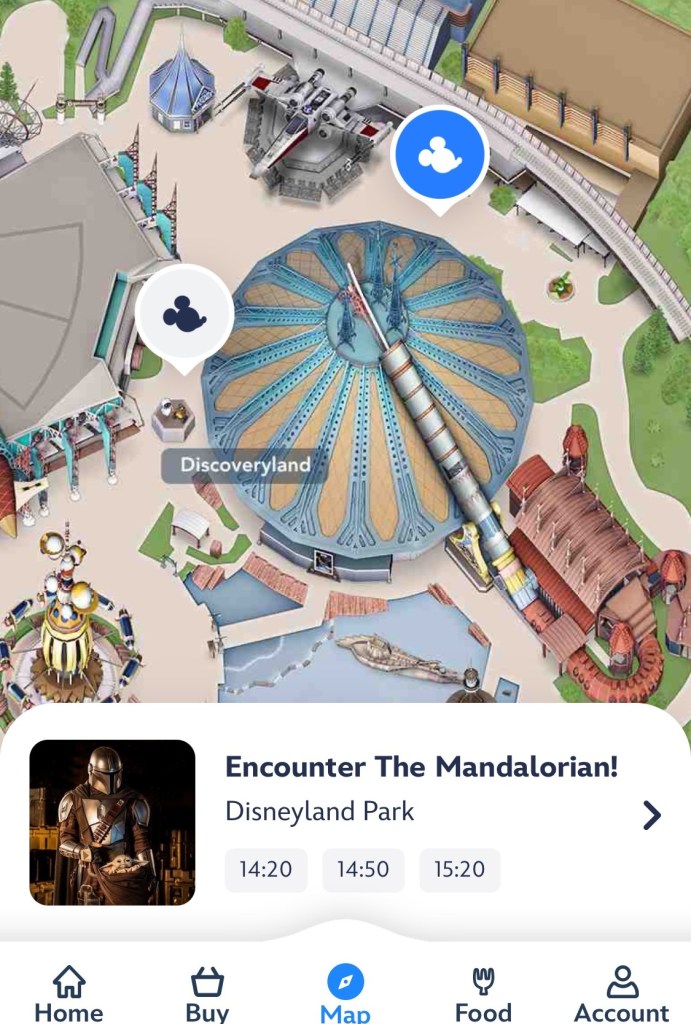 Map of Discoveryland in Disneyland Paris showing the location of the Mandalorian meet and greet
