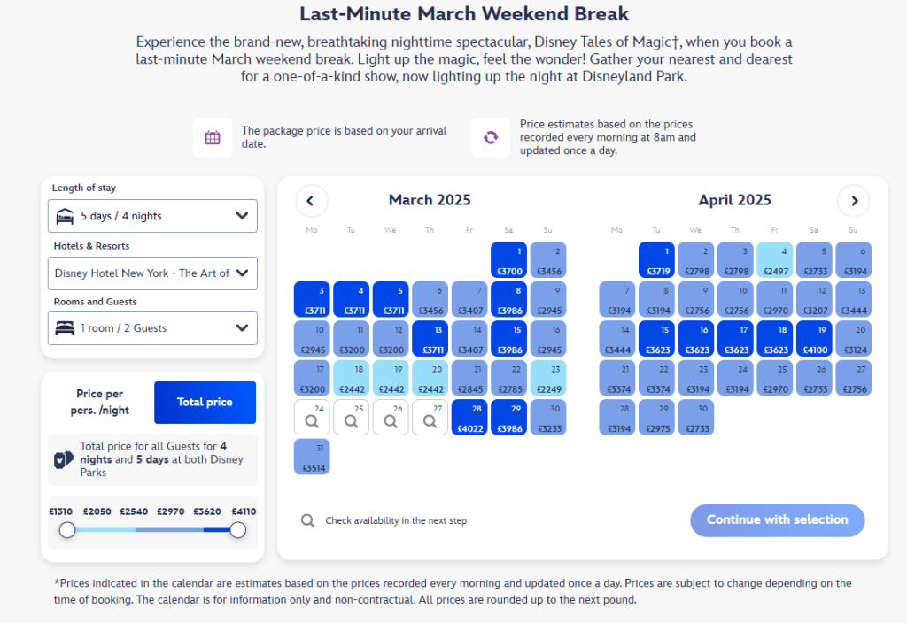 Comparison calendar for prices in Disney Hotel New York at Disneyland Paris in March and April 2025