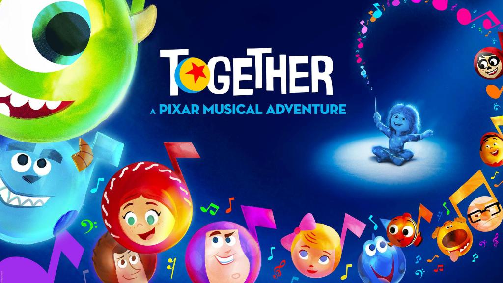 Poster for 'Together a Pixar Musical Adventure depicting Pixar characters in musical notes