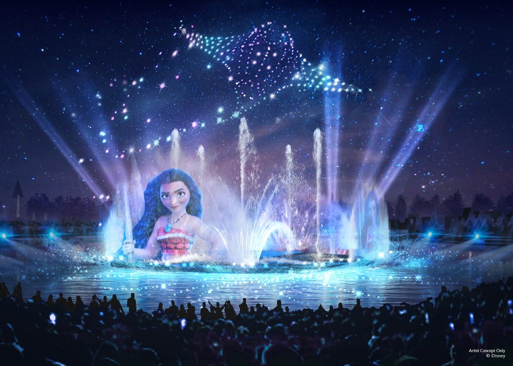 Concept art featuring Moana on water projections and lit drones for a show at Disneyland Paris