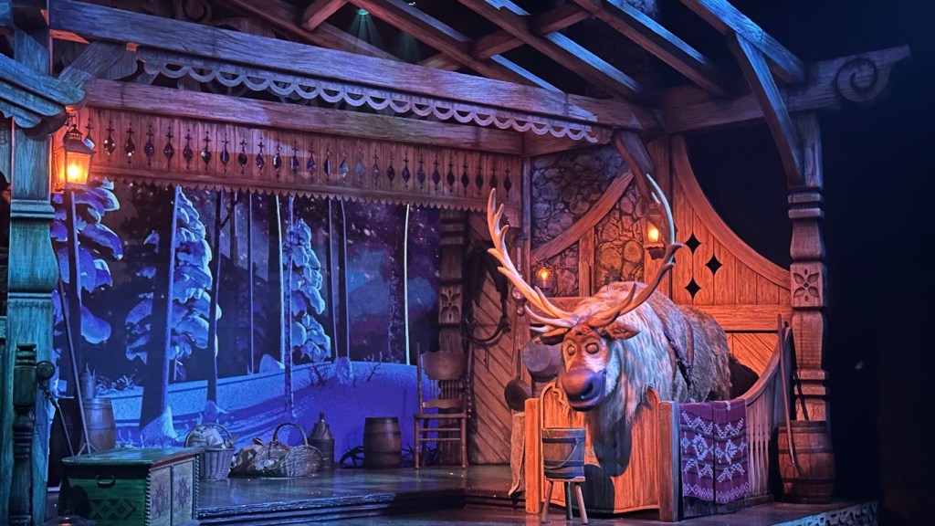 Sleeping Sven the Reindeer animatronic on stage in the Frozen: A Musical Invitation show at Disneyland Paris