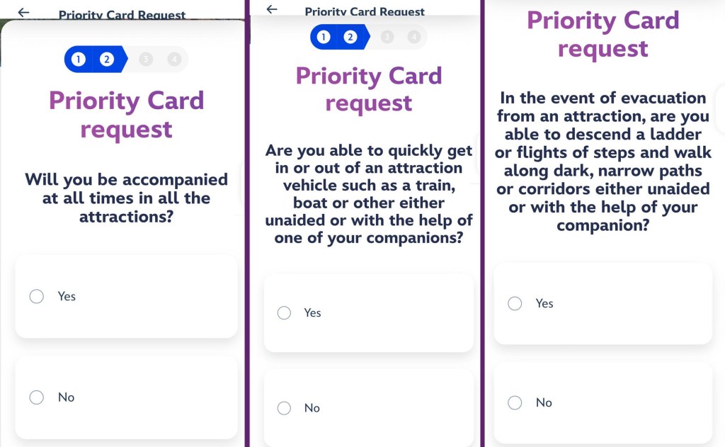 Screen shots from the Disneyland Paris app showing yes / no questions asked when applying for a Priority Card to ascertain whether someone would be safe to ride some attractions.