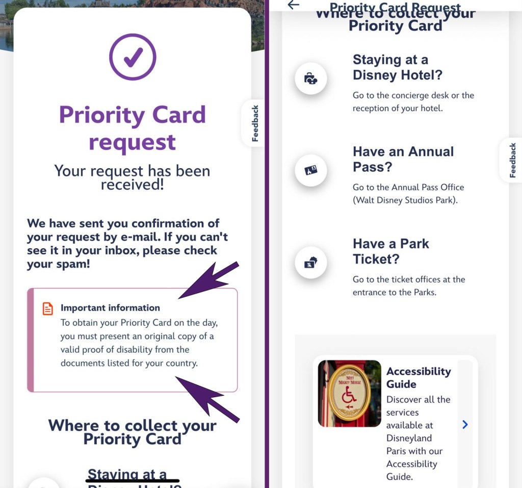 Screenshot of a confirmation of your Priority Card application from the Disneyland Paris app, with information on where to collect it.