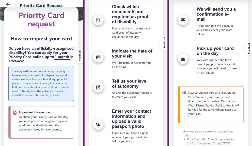 Screen shots from the Disneyland Paris app explaining the process for applying for a Priority card.