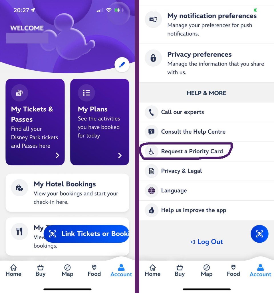 Screen grabs from the account screen on the Disneyland Paris app, with the Request a Priority card link circled