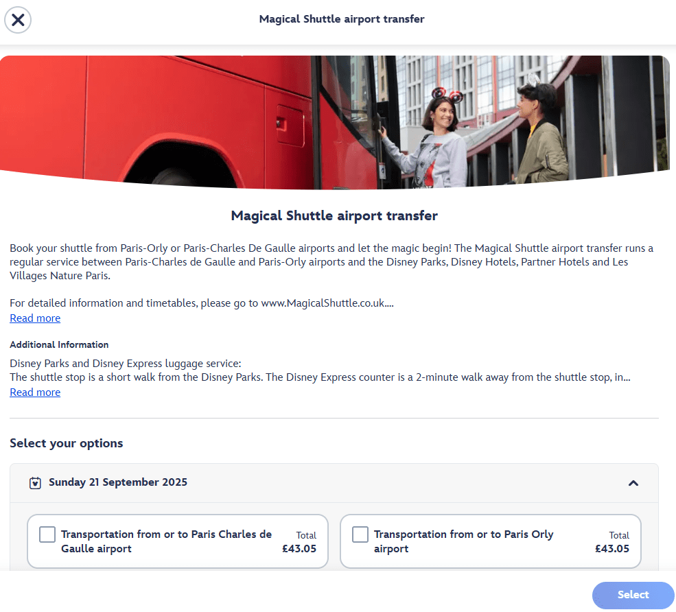 Magical Shuttle airport transfer screenshot of information from Disneyland Paris website
