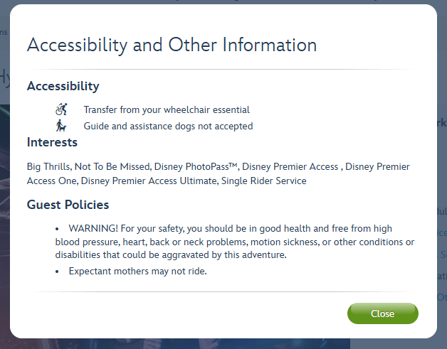 Ride warning text from Disneyland Paris website for Hyperspace Mountain