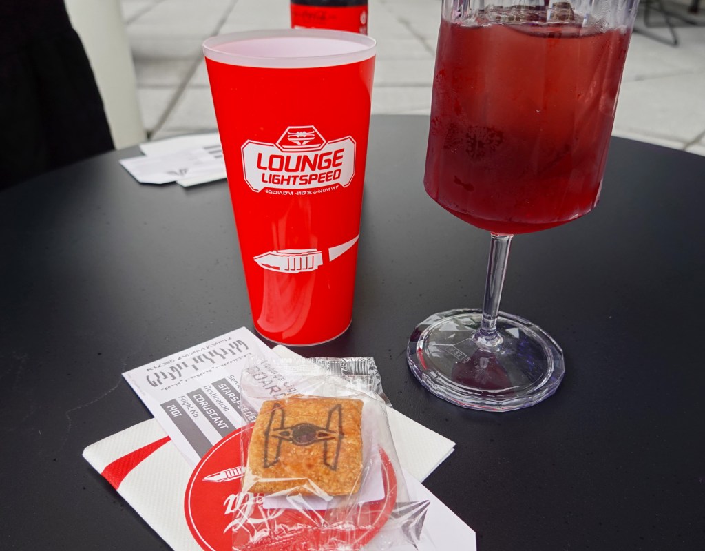 Two drinks and biscuit from Lounge Lightspeed at Disneyland Paris