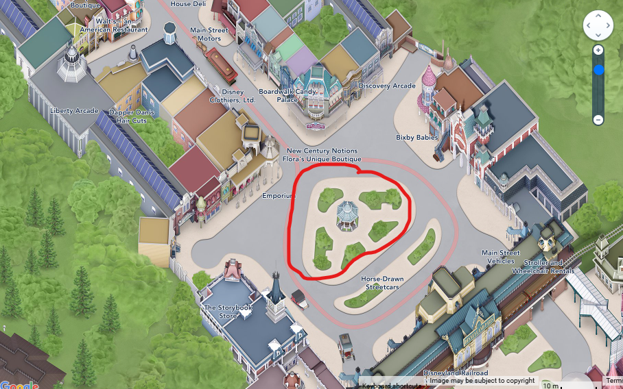 Map of Disneyland Park showing the gazbo which is circled to show the location of the Mary Poppins performance