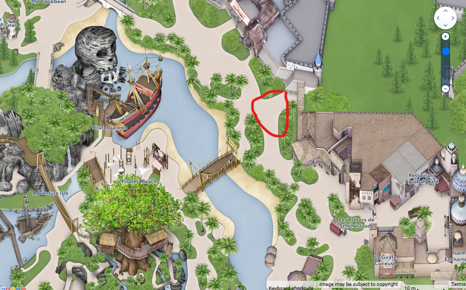Map of Adventureland in Disneyland Paris showing location of Timon's Matadance Show