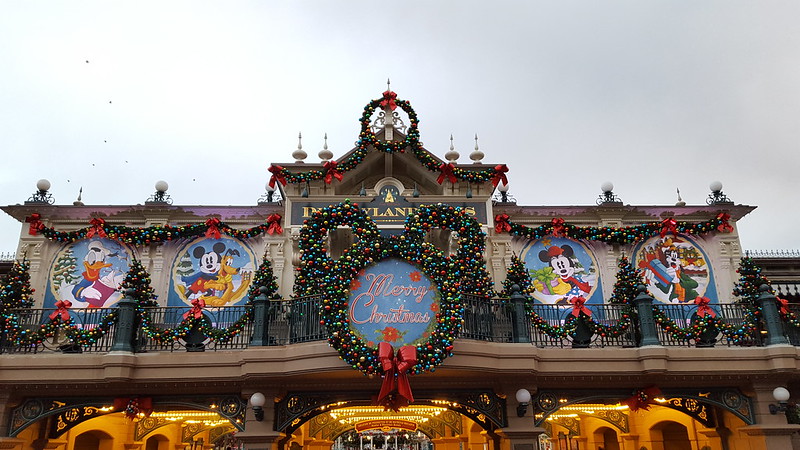 Christmas decorations on the Main Street USA railway station in Disneyland Paris