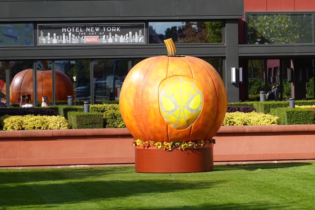 Giant pumkin with Spiderman's face on it outside Disney's Hotel New York in Disneyland Paris