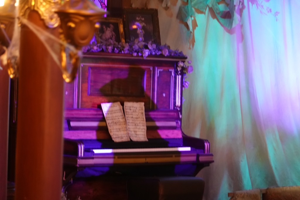 Silhouette of a piano player in the Unlucky Nugget at Disneyland Paris