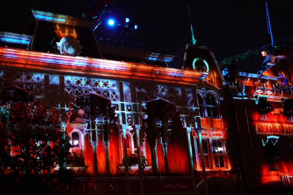 Candle and fire projections for Halloween on Main Street USA in Disneyland Paris