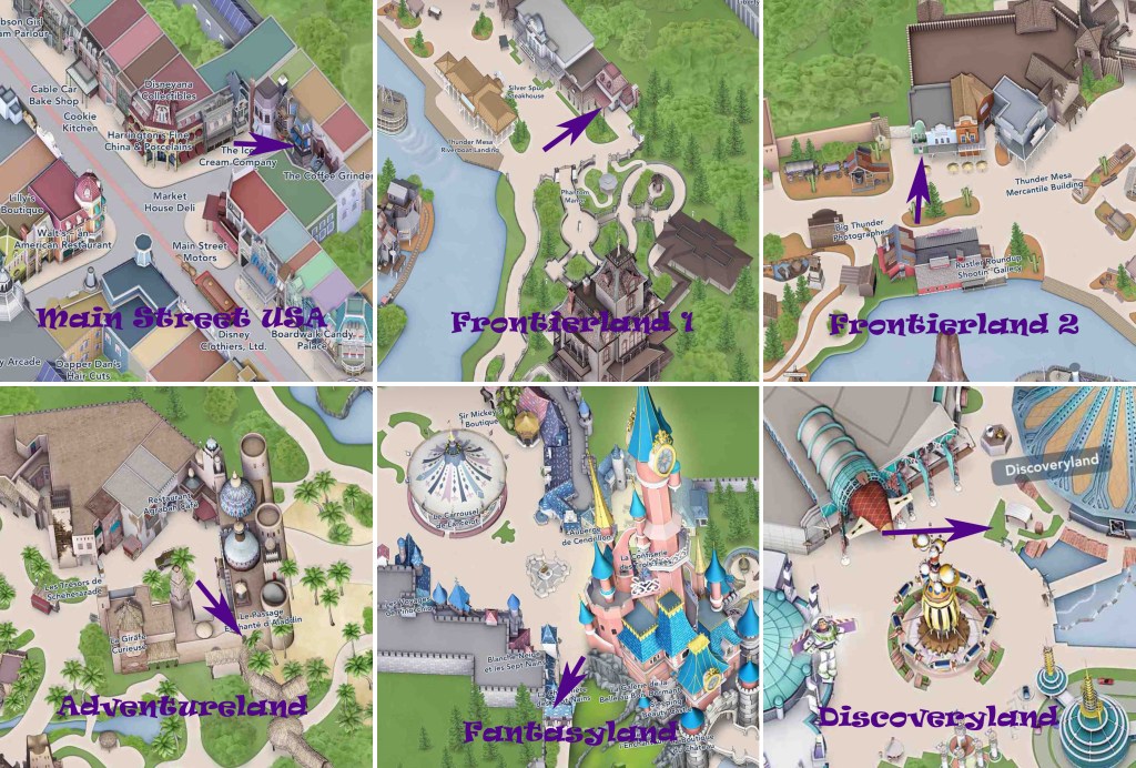 Sections of map from Disneyland Park in Disneyland Paris showing the location of the Halloween Scavenger hunt doors 