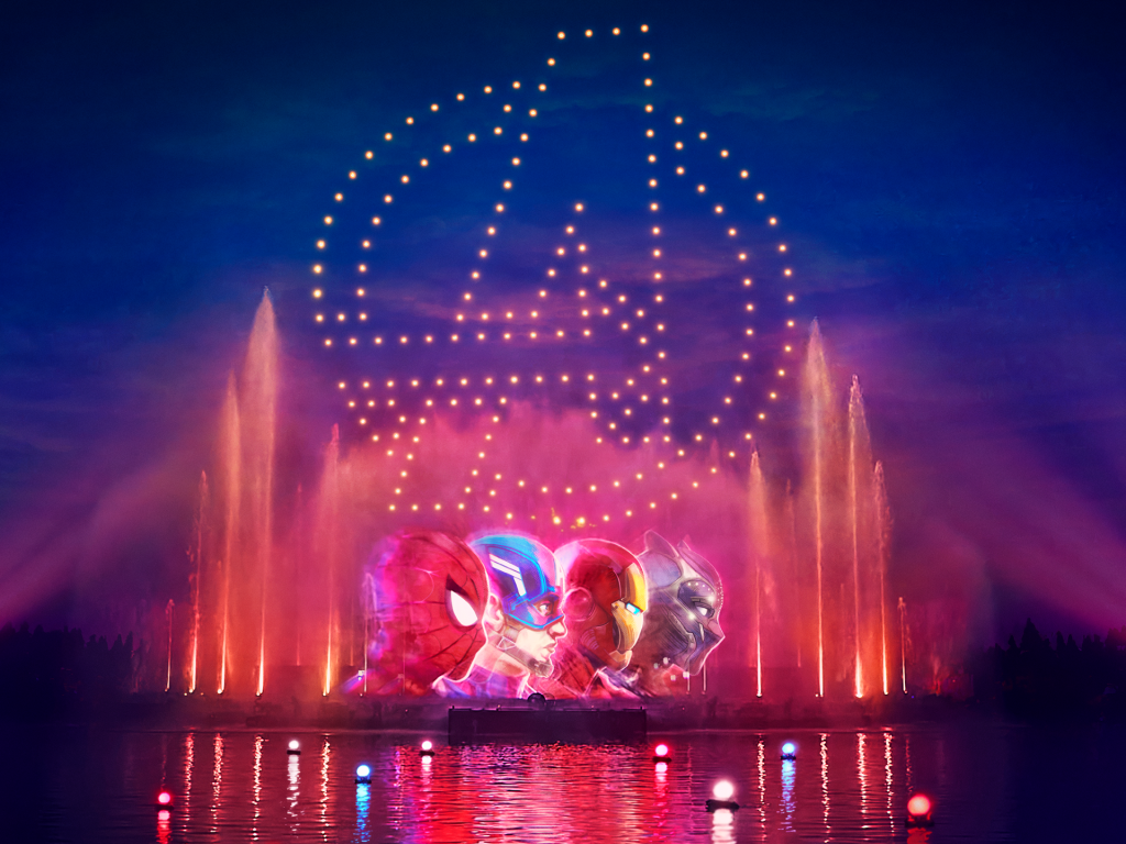Drones and fountains displaying members of the Avengers from the new Cascade of Lights show at Disneyland Paris