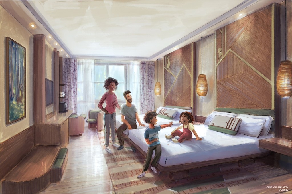 Concept art for updated bedroom at Sequoia Lodge in Disneyland Paris