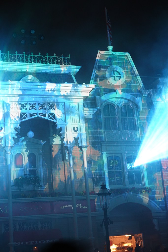 Spooky projections on Main Street USA in Disneyland Paris