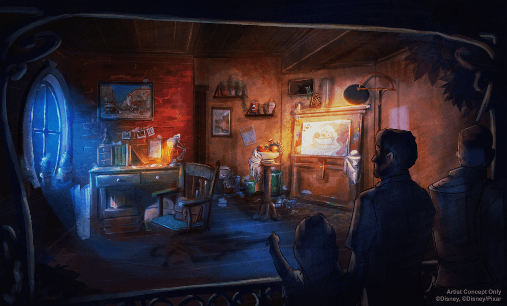 Concept art for an artist studio scene for the queue at Remy's Ratatouille Adventure in Disneyland Paris
