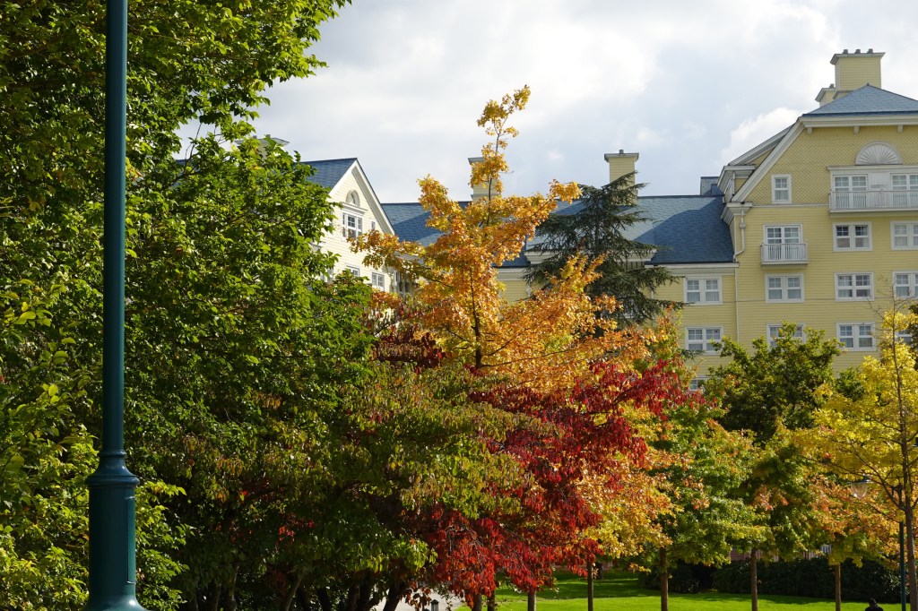 Side building and trees outside Newport Bay Club Hotel in Disneyland Paris