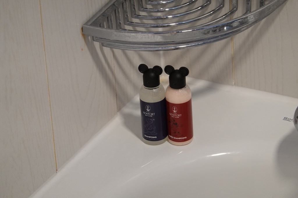 Themed shampoo and conditioner bottles in the rooms at Newport Bay Club at Disneyland Paris