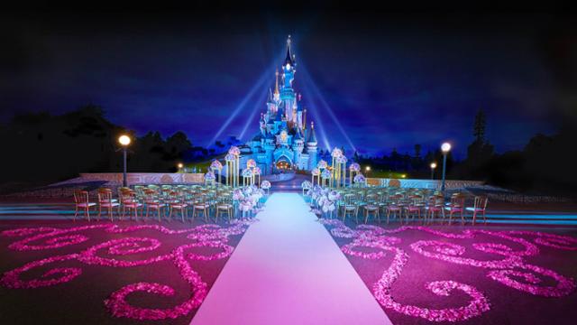 Sleeping Beauty Castle at Disneyland Paris set up for a wedding ceremony