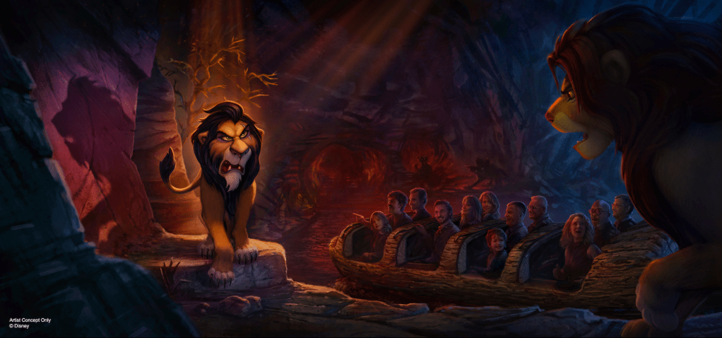Concept art of Simba and Scar animatronics on the Lion King attraction coming to Disneyland Paris