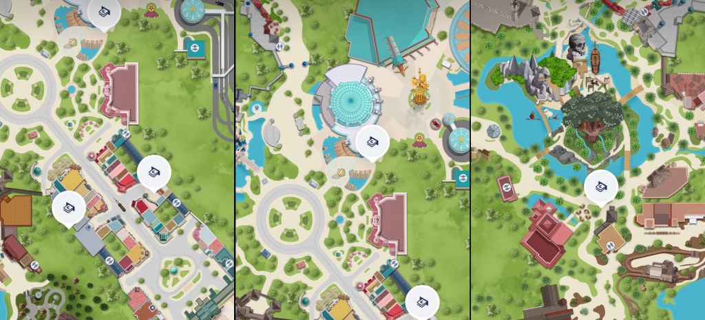 Maps showing locations cash machine locations in Disneyland Park