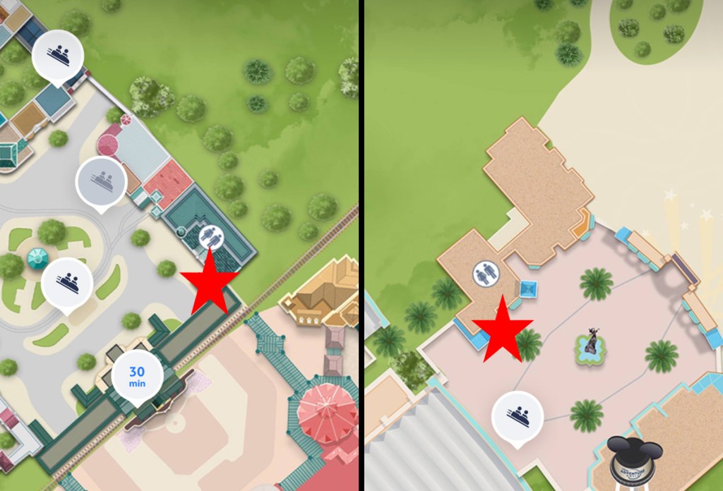 Maps showing locations of stroller and wheelchair rentals