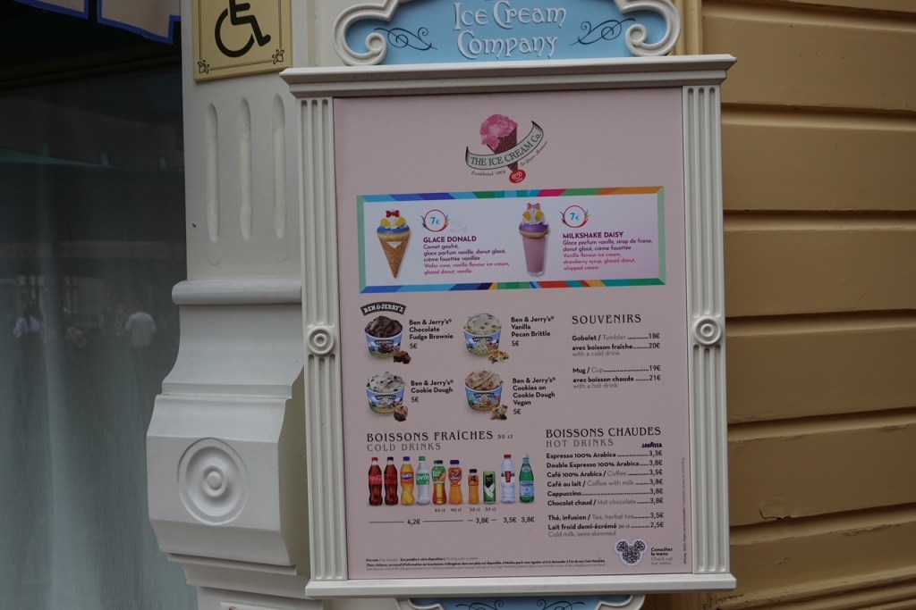 Menu for the Ice Cream Company at Disneyland Paris